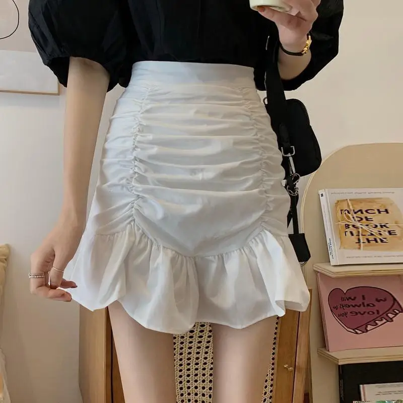 

Summer Women High Waist Skirts Hem Ruffles All-match A-line Mini Skirts Lovely Girls New Ulzzang Chic Solid Color Ruched Elegant