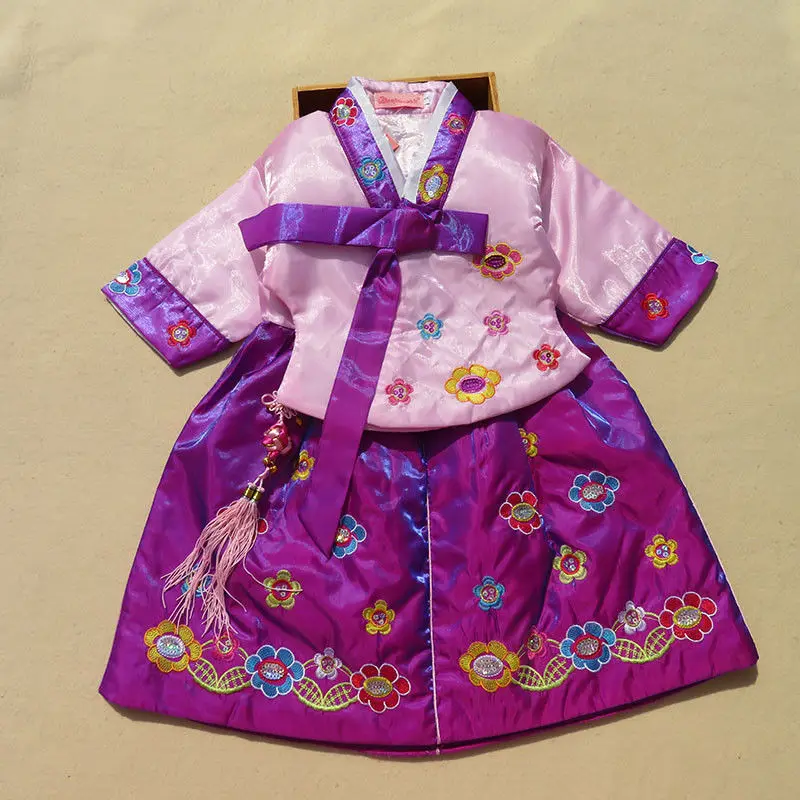 

Зимняя традиционная корейская одежда для девочек, детский костюм Hanbok, платье, плотное пальто, праздничный Детский костюм для танцев, выступлений, подарок