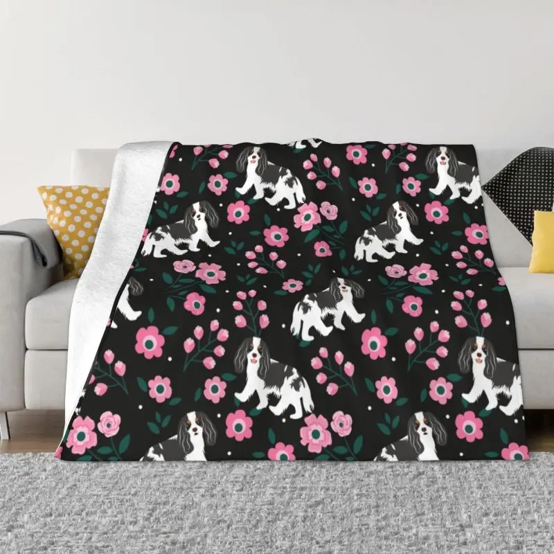 

Black White Cavalier King Charles Spaniel Dog Fleece Throw Blanket Flannel Playing At Night In A Garden Blankets Bedding Quilt