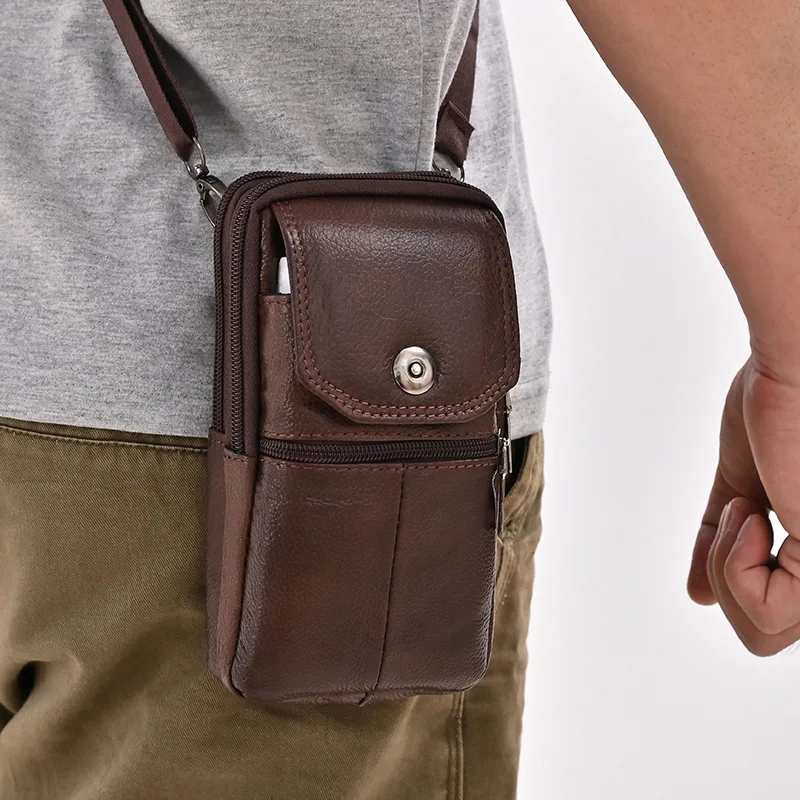 Men's Messenger Bag Cowhide Leather Bag Mobile Phone Pouch Pocket Wallet Male Small Travel Waist Bag Multi-Pockets Chest Bag