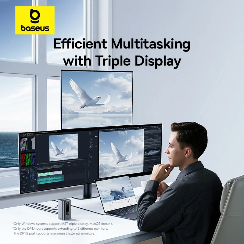 Фото Baseus 11-IN-1 USB C-концентратор HDMI DP 4K при 60 Гц MST с тройным дисплеем Разветвитель USB 3.2 с микрофоном RJ45 3,5 мм PD100W Магнитная док-станция №3