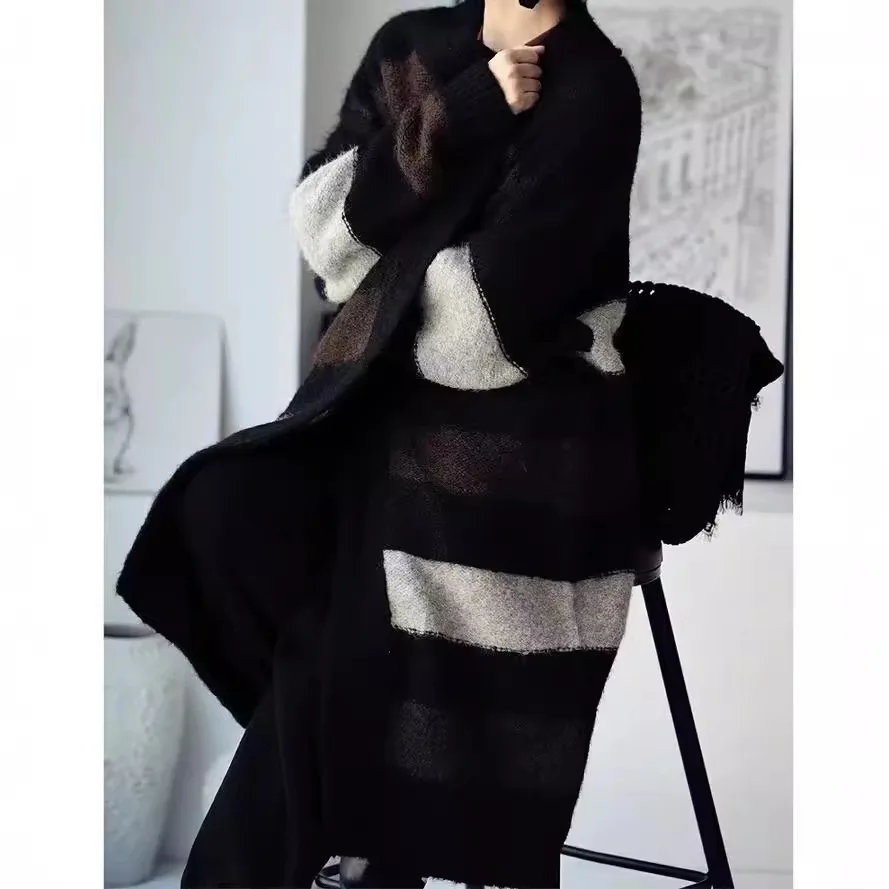 Женский полосатый свитер черный кардиган вязаный свободный весна-осень