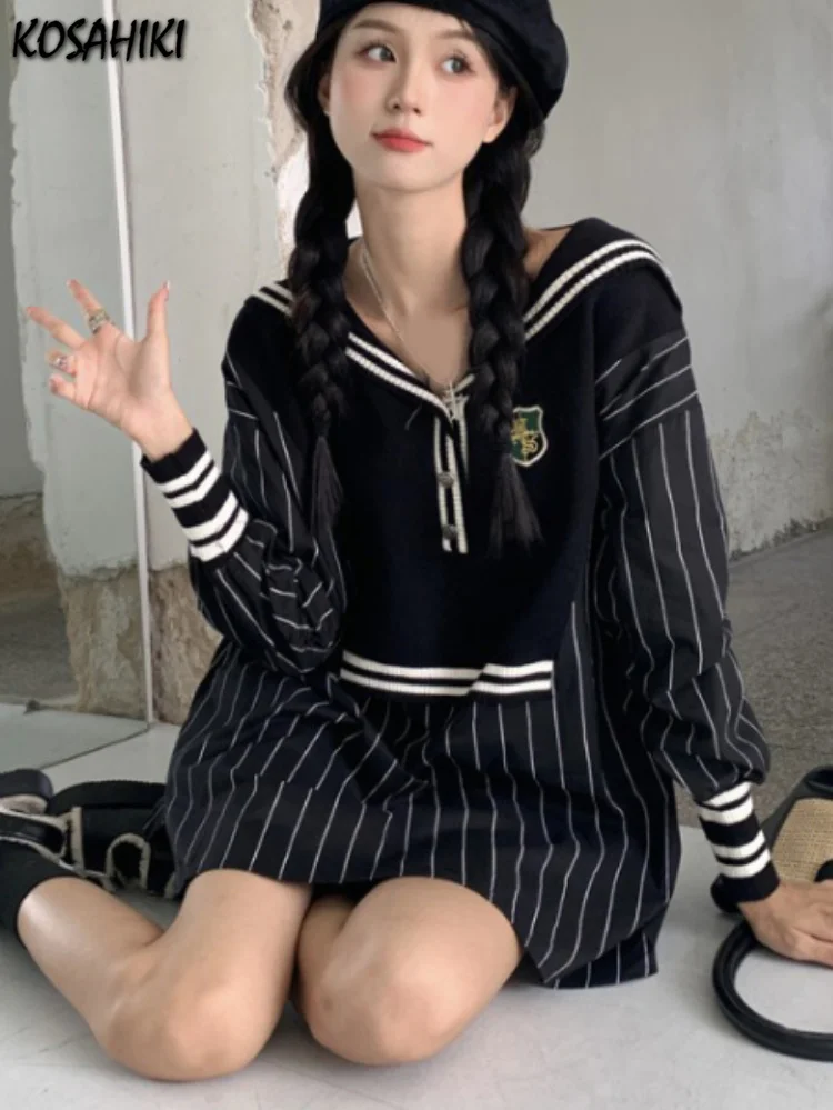 

Fake Two Pieces Women Blouses Fashion White and Black Contrast Patchwork Blouses Women Sailor Collar Long Sleeve Embroidery Tops