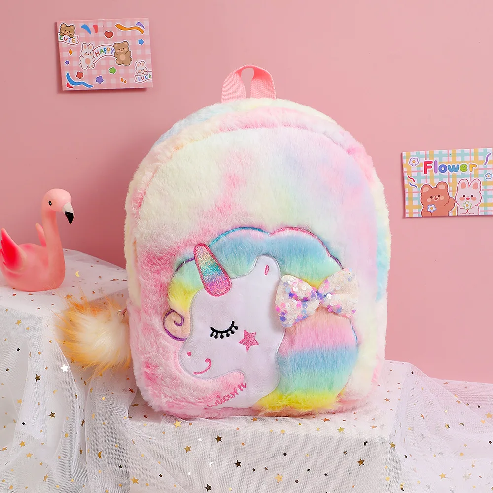 Plush Unicorn Tie Dye Cartoon Backpack Children Cute Bow Kindergarten Schoolbag Girl Fashion Fur Children Kids Gift Book Bag