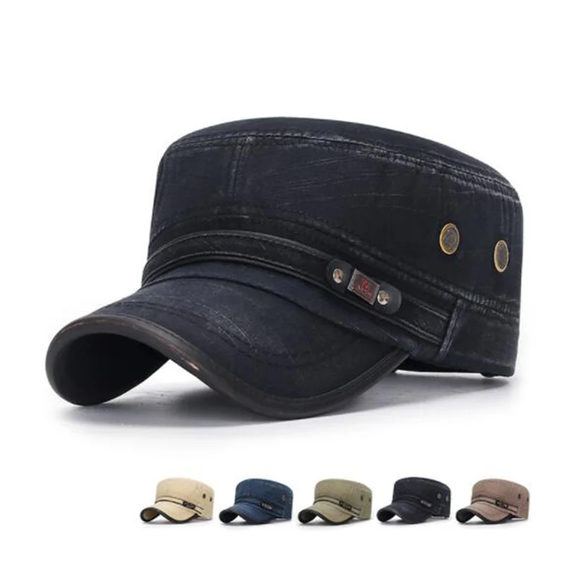 

Retro Cotton Military Cap Classic Vintage Washed Beanies Flat Top Mens Adjustable Fitted Thicker Cap Winter Warm Hat Sunshade