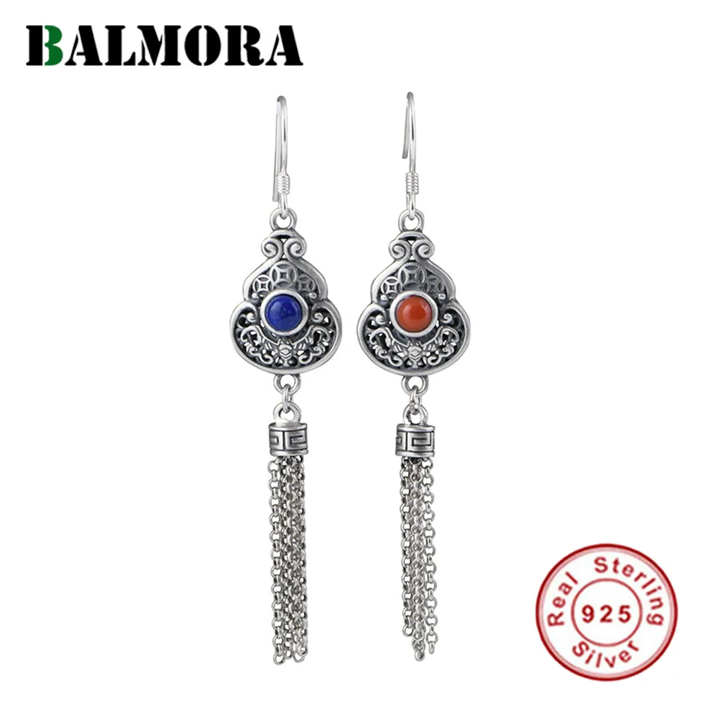 

BALMORA S925 Silver Agate Gourd Earring Chain Tassel For Women Girl Temperament Geometry Hollow Earrings Dangler Daily Jewelry