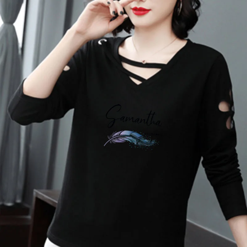 

2023 New Autumn 100% Cotton T Shirt Woman Long Sleeve Shirt Loose Hollow Out Woman T-shirt Women Shirts