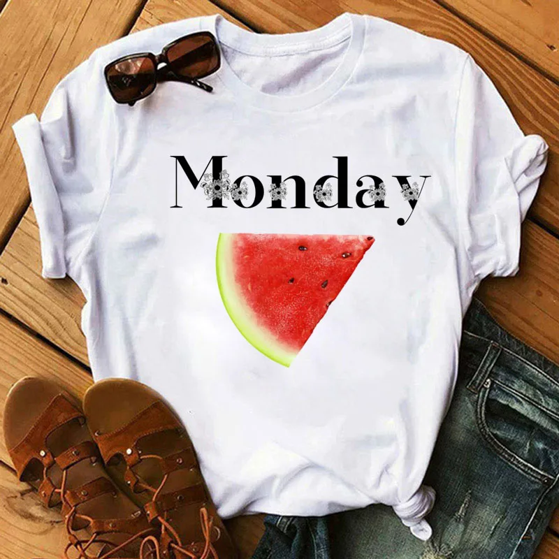 

Funny Women T Shirt Monday Watermelon Printed Tops Fruit Flower of The Week Tee Shirt Ladies Casual Cute Cartoon Tops T-shirt