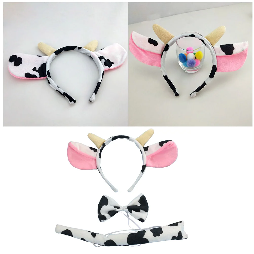 

3pcs Cow Costume Set Cattle Headband Ears Horn Bowtie Tail Kids Costume Accessory Set for Christmas Masquerades Party Prop