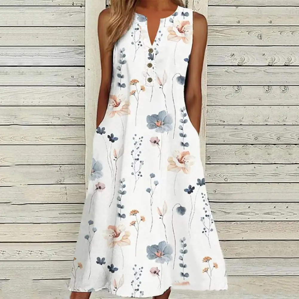 

Женское пляжное платье с цветочным принтом, длинное платье для отпуска, дышащее летнее платье миди с карманами, уличная одежда