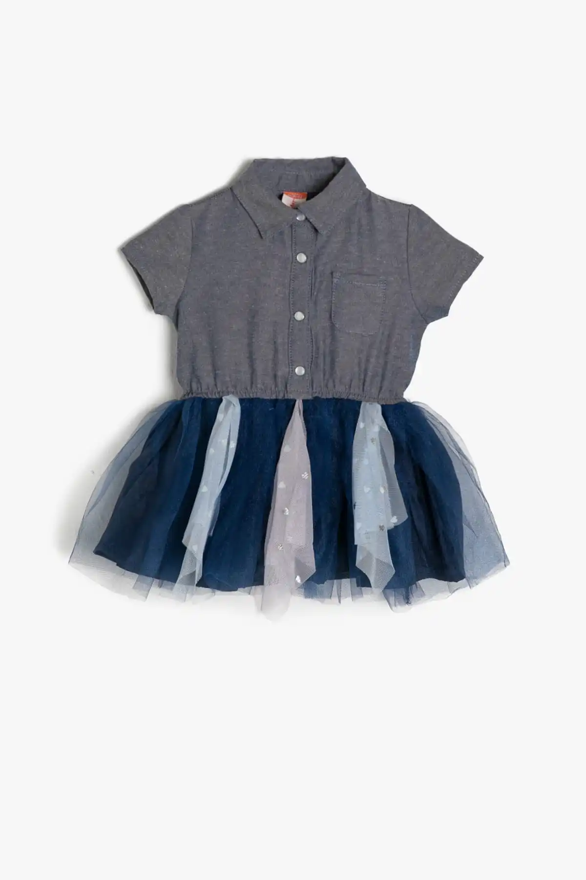 

Blue girl baby tulle detail Jean dress knitted short sleeve shirt collar Mini clothing
