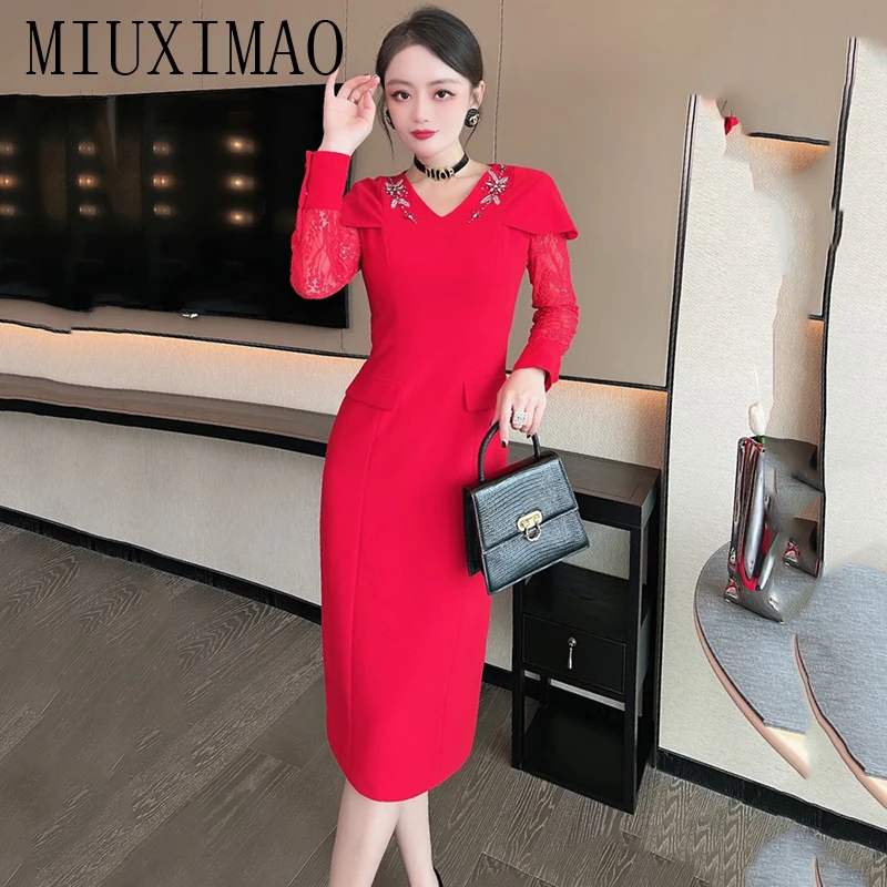 MIUXIMAO 2023  Spring&Summer office lady Elegant Dress Long Sleeve V-Neck Lace Diamond Fashion Knee length Dress Women Vestide