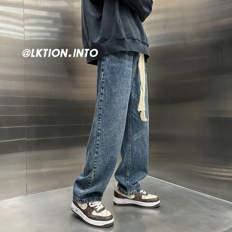 Blue Black Green Baggy Jeans Men Fashion Drawstring Wide Leg Jeans Mens Streetwear Hip Hop Loose Straight Denim Trousers Men
