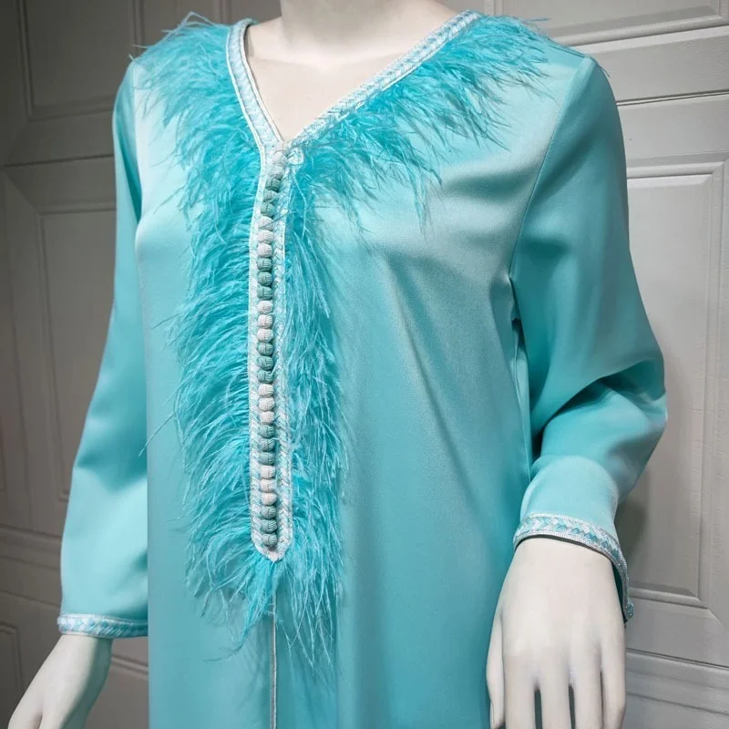 Father Jalabiya Maxi Dress Women Fashion Ethnic Long Sleeve Loose Abaya Muslim Saudi Arabic Morroco Kaftan Party Gown Cyan New