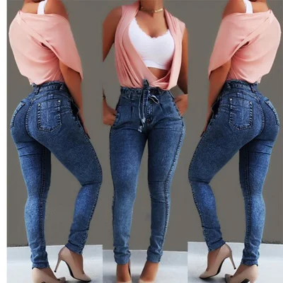 Women Jeans Summer Solid Skinny Slim Stretch Fringe Belt Pencil Jeans High Waist Tassel Drawstring Femme Stretch Denim pants