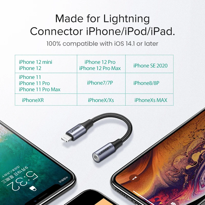 Адаптер UGREEN для iPhones MFi DAC Lightning на 3,5 мм адаптер для наушников для iPhone 12 11 Pro max xr Aux кабель аксессуары для телефона (art.: 3920beee1fbca) - 3920beee1fbca
