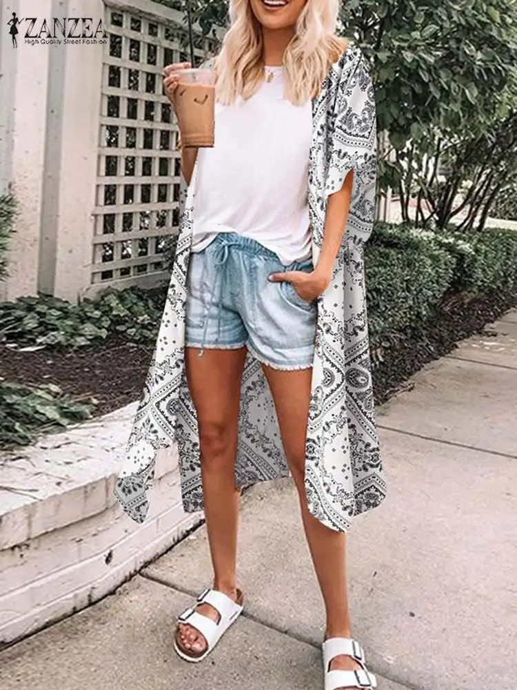 

Women Printed Blouse ZANZEA 2022 Fashion Beach Cardigans Casual Half Sleeve Floral Kimono Cape Female Holiday Tops Summer Tunic