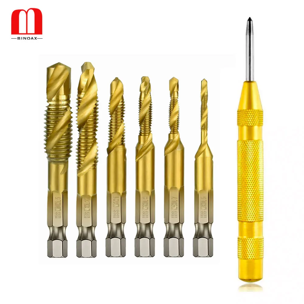 

BINOAX 6 Pcs Titanium Combination Drill & Taps Bit Set Metric/SAE with Automatic Spring Loaded Center Punch Tool