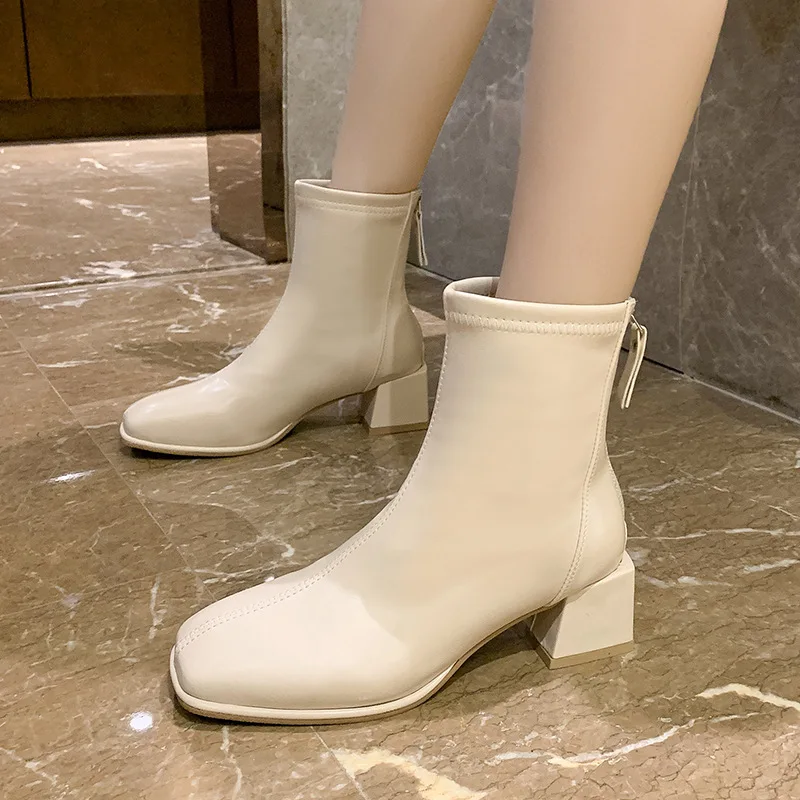 Brand Square Toe Short Boots Women's 2022 Autumn and Winter New Plus Velvet Square Heel  Boots Rear Zipper Thin Boots Women