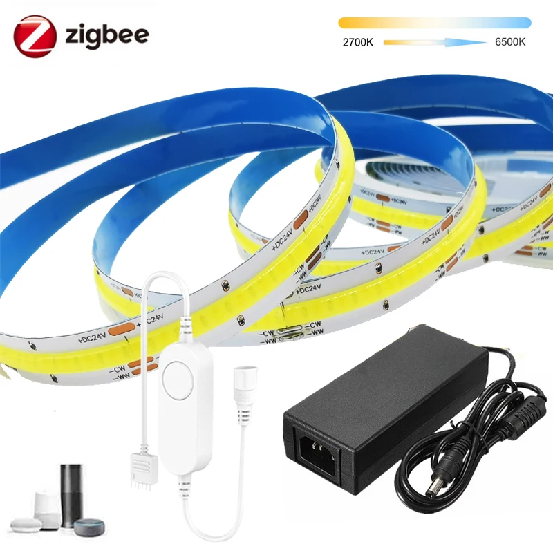 Zigbee 3.0 CCT LED Controller DC24V FOB COB Strip Warm Cool White Light LED Tape 608LEDs/m RA90 Tuya Zigbee for Smartthing Alexa
