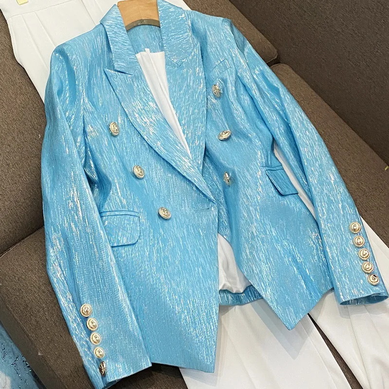 

2023 New Fashion Blue Nude Black Blazer Jacket Women's Clothing Metal Buttons Double Breasted Slim Fitting Blazers Coats S-2XL