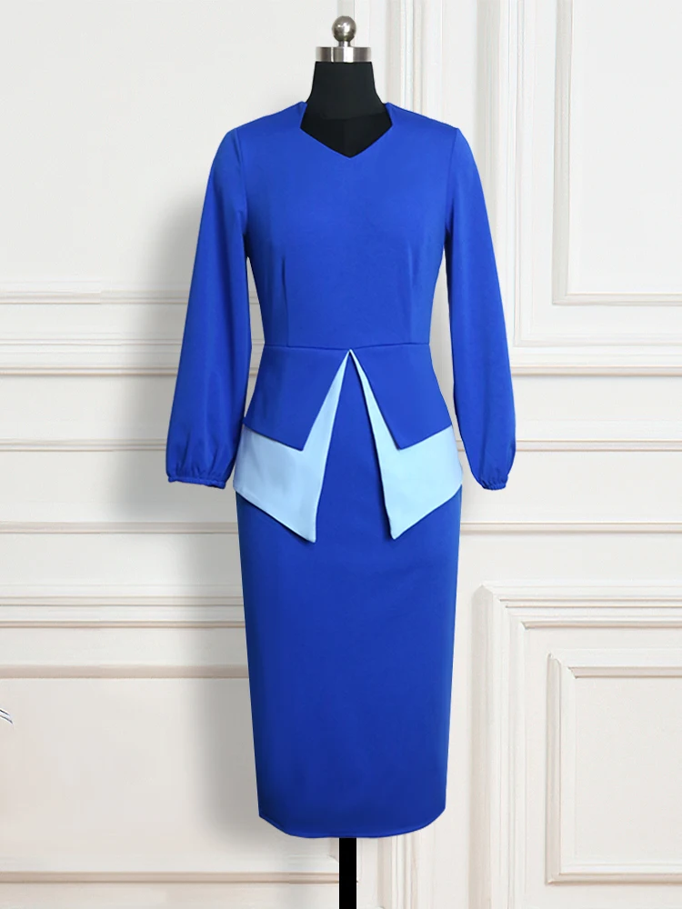 

Long Sleeves Office Dress Midi Length Pencil Skirt Elegant Ladies Large Size Blue Vintage Dress Women Spring Autumn Fall 2022
