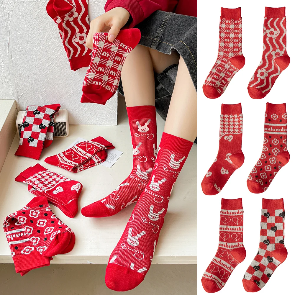 

Женские носки из чистого хлопка, повседневные красные модные удобные носки с надписью «Head», с цветами, на Новый год и Рождество, для осени и зимы