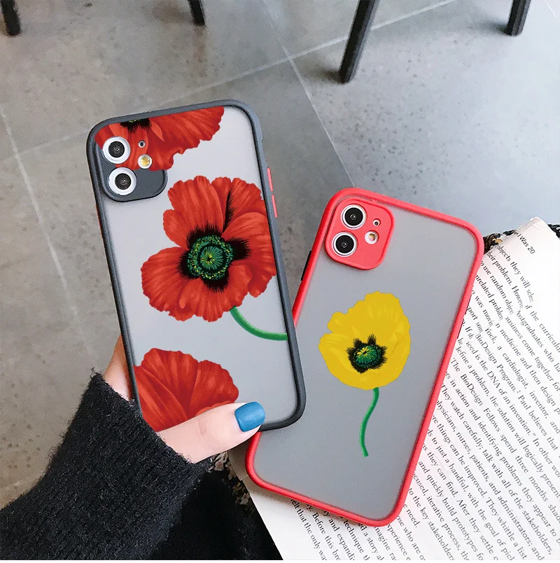 

Poppy Flower Bloom Phone Case Black And Red Color For iPhone 7 8 Plus SE 2020 13 12 11 Pro Max Mini X XR XS Max Hard Cover Funda