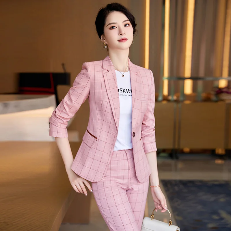 High-end Professional Women Suits 2023 Spring and Autumn Fashion Plaid Ladies Office Jacket High Waist Trousers Two-piece Set