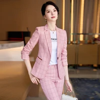 high end professional women suits 2022 spring and autumn fashion plaid ladies office jacket high waist trousers two piece set
