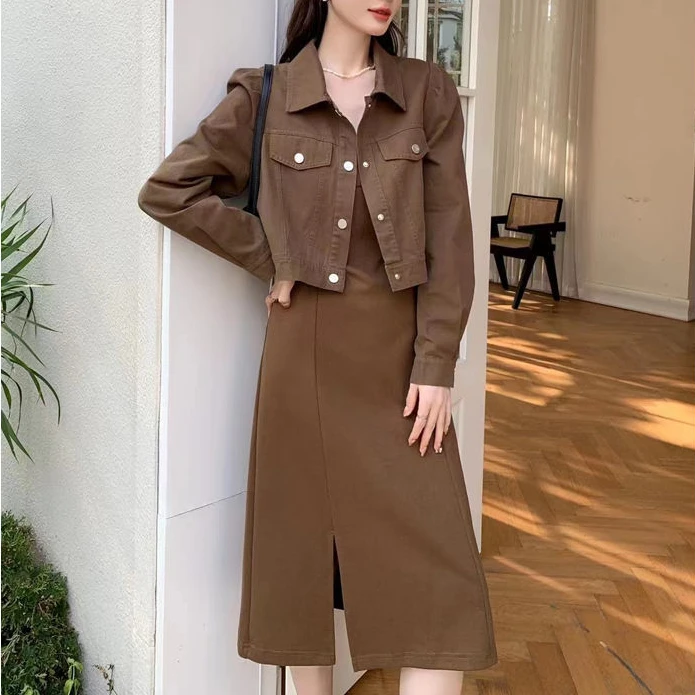 

2023 Autumn Winter Woman New Fashion Two-piece Sets Female Short Casual Jackets and Solid Color Split Dress Ladies Suits E123