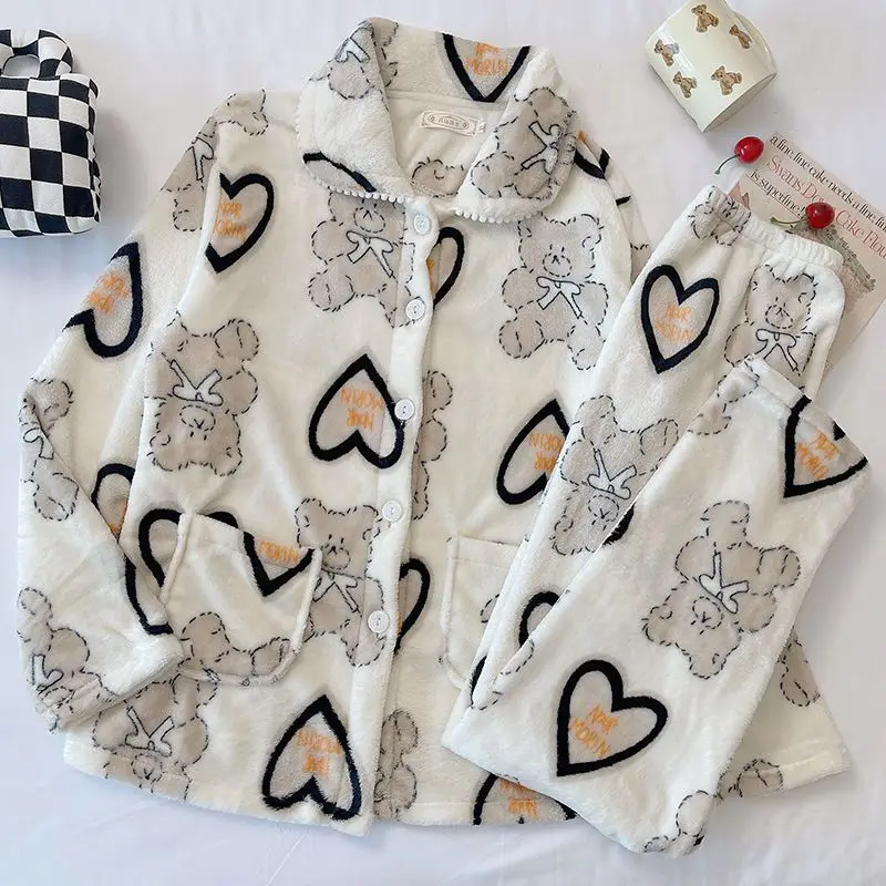 Coral Velvet Pajamas for Women In Autumn and Winter, Thickened, Warm, Long Sleeved, Cartoon, Love, Bear, Flannel Housewear Suit