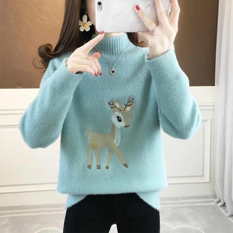 

Autumn Imitation Mink Velvet Half Turtleneck Sweater Deer Embroidery Casual Knitted Jumper Casual Ladies Pullover Knit Tops