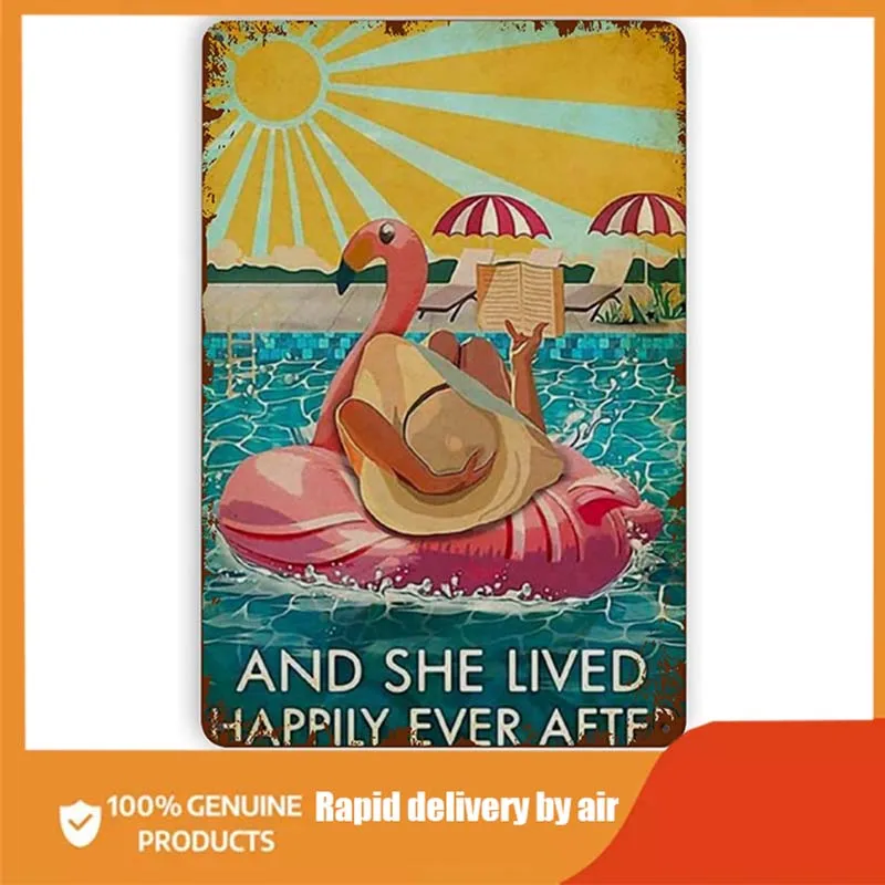 

Flamingo Swimming Metal Tin Signs, and She Lived Happily Ever After Vintage Tin Sign Retro Wall Art for Home Decor Bar Pub Cafe