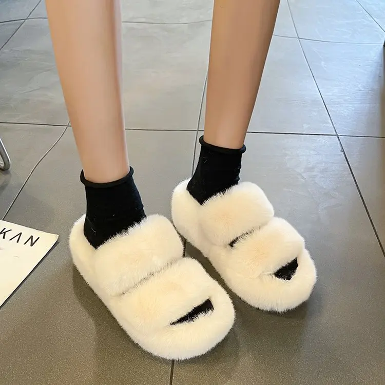 

Winter Woman Slipper Shoes Flock Slides Pantofle Heeled Mules Med Platform Massage 2022 Flat High Soft Plush Rubber Basic with f