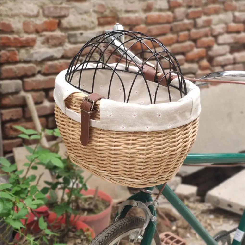 

Wicker Bike Basket Large Capacity Pet Carrier Wear-resistant Bike Front Basket with Wire Mesh Cover Belt-type Safety Belt
