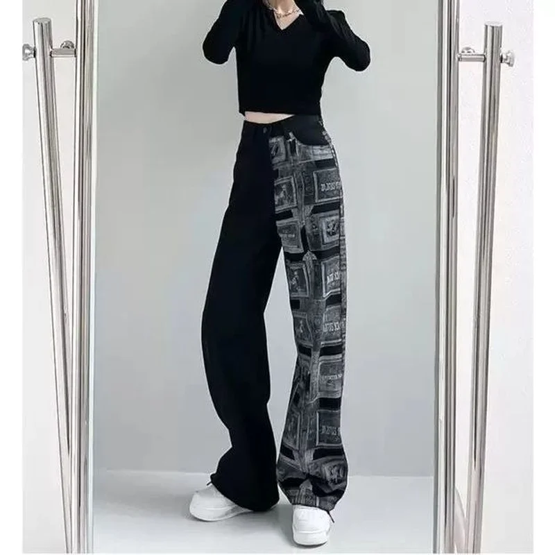 

New Spring Autumn Fashion Ins Street Hip-hop Printing Wash Jeans Loose Casual Denim Wide Leg Pants Tide Woman Bottom X377