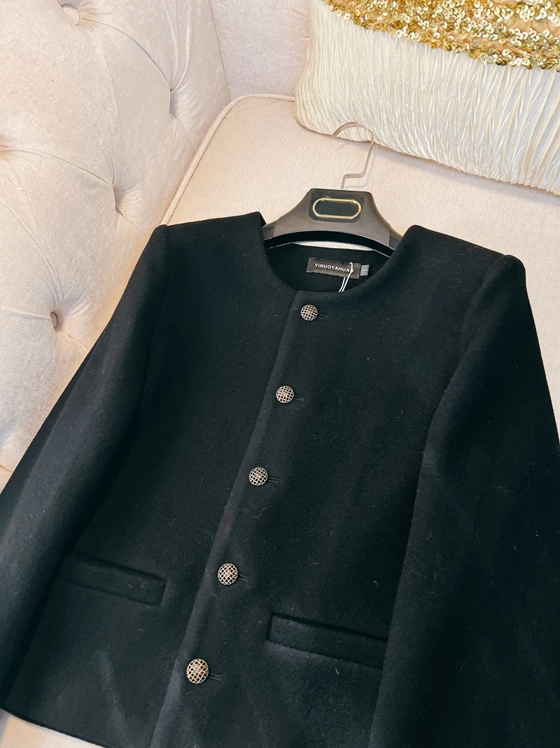 YINUOYAHUAN женское черное шерстяное пальто 2024 зимняя женская элегантная верхняя