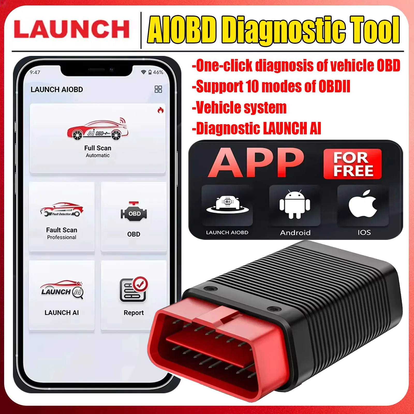 Фото Диагностический сканер LAUNCH X431 AIOBD Bluetooth с полным набором функций OBD2, совместимый с Android и IOS, автомобильный сканер OBDII. №1