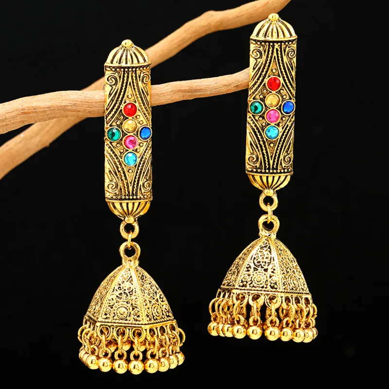 

Vintage Indian Bell Earrings Jewelry Woman 2022 Jhumka Rhinestone Gold Color Long Ethnic Statement Earrings