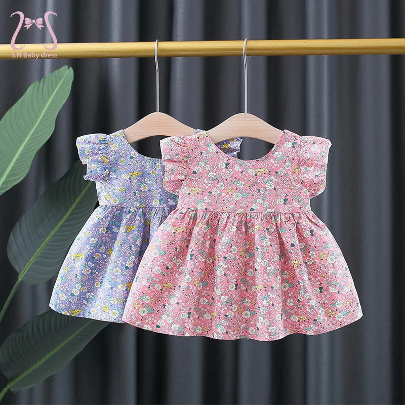 

2Pcs/Set Summer Dress For Girl Flower Flying Sleeves Round Neck Cotton Baby Clothes Trend Toddler Children Costume Suit + Hat