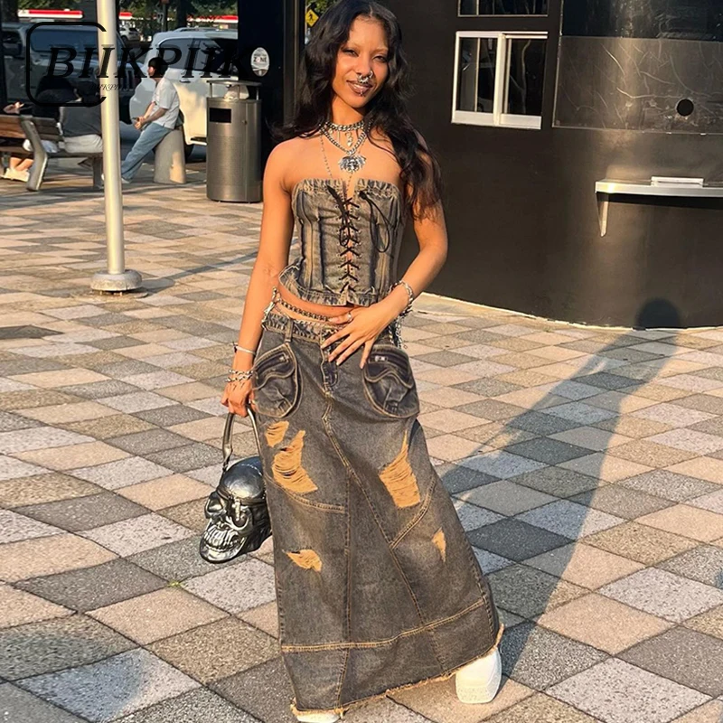 

BIIKPIIK Casual Denim Women Long Skirts Pockets Zipper Vintage Club Style Skirts Low Waist Sexy Streetwear All-match Clothing