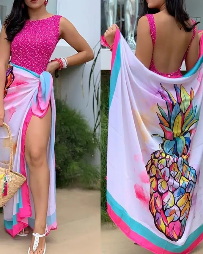 

Пикантный слитный купальник Polkadot с открытой спиной и принтом ананасов, элегантная пляжная одежда с круглым вырезом для отдыха