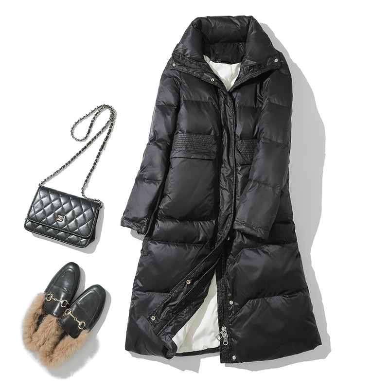 

Ailegogo Winter Vrouwen Parka Stand Kraag Losse Warm Big Pocket Witte Eendendons Lange Jas Casual Vrouwelijke Dikke Jas Uitloper