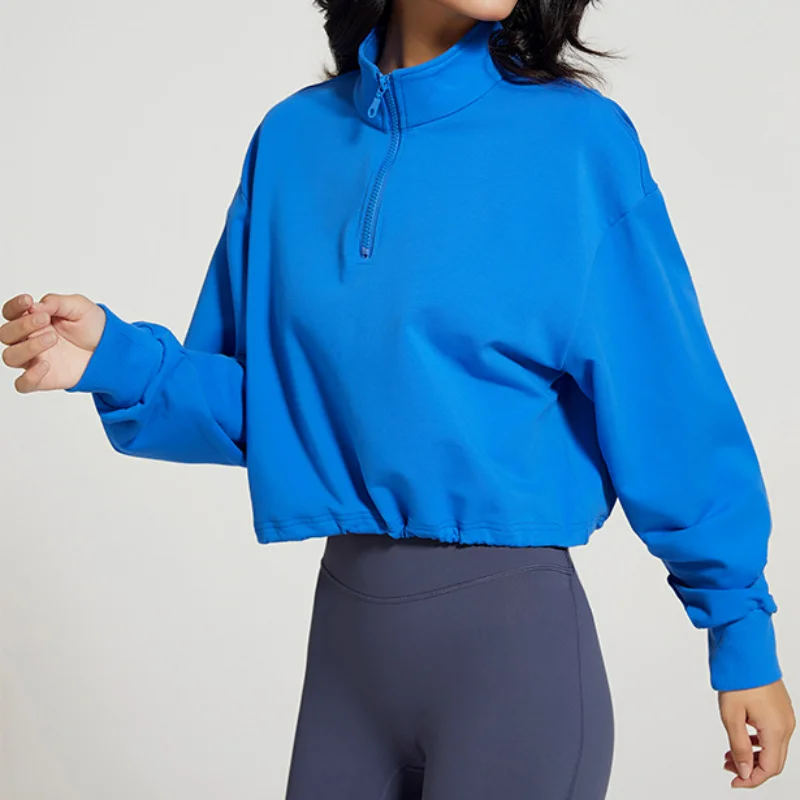 

Lu Lulus Woman Autumn Loose Half Zipper Sport Tops Drawstring Long Sleeve Outdoor Standing-collar Solid Fitness Gym Sweatshirts