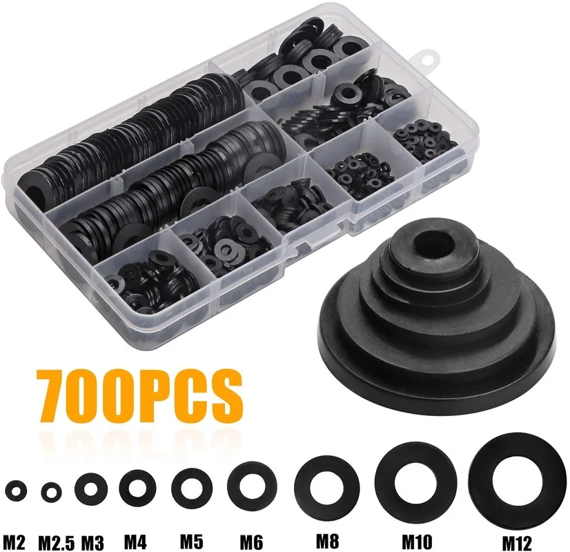 

700 Pcs Black Nylon Flat Washers Gasket Round Spacer Seals Assortment Set for Mechanical M2 M2.5 M3 M4 M5 M6 M8 M10 M12