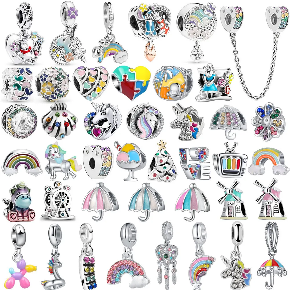 

New Colour Umbrella Heart Safety Chain Rainbow Love Beads Umbrel Pendant Fit Pandora Charms Bracelets DIY Women Original Jewelry