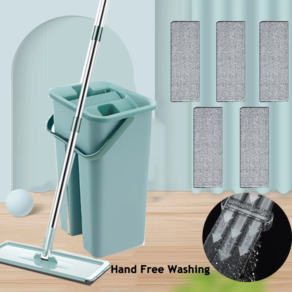 

House Floor Mop Wringing Squeeze Mop Hands Free Washing 360 Degree Spin Bucket with 4 or 6 Microfiber Cloth Home Cleaning Tools