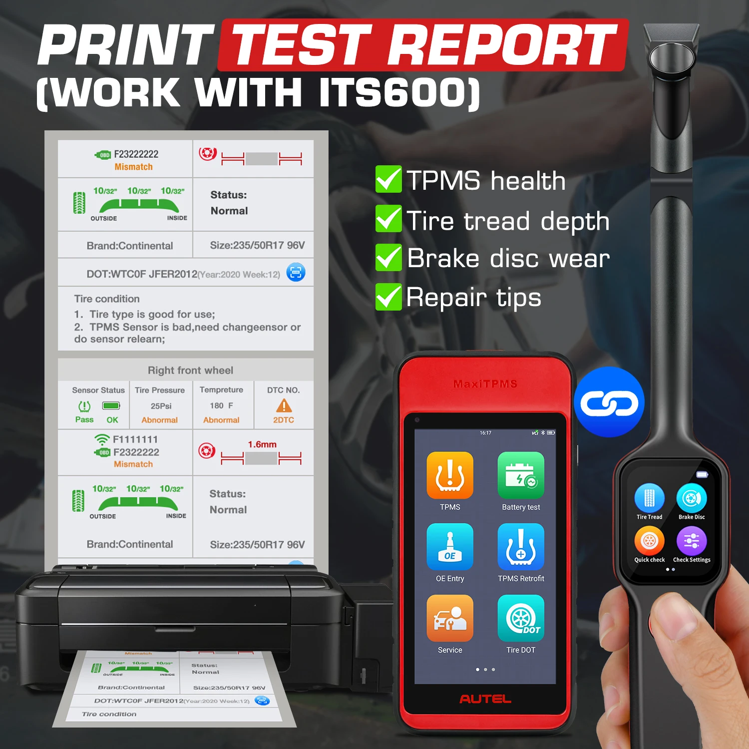 Autel MaxiTPMS TBE200 TPMS анализатор глубины протектора шин в режиме реального времени