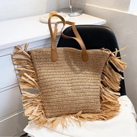jiomay straw tote beach bags 2022 women fashion solid color shoulder bags with zipper summer ladies casual tassel woven handbags